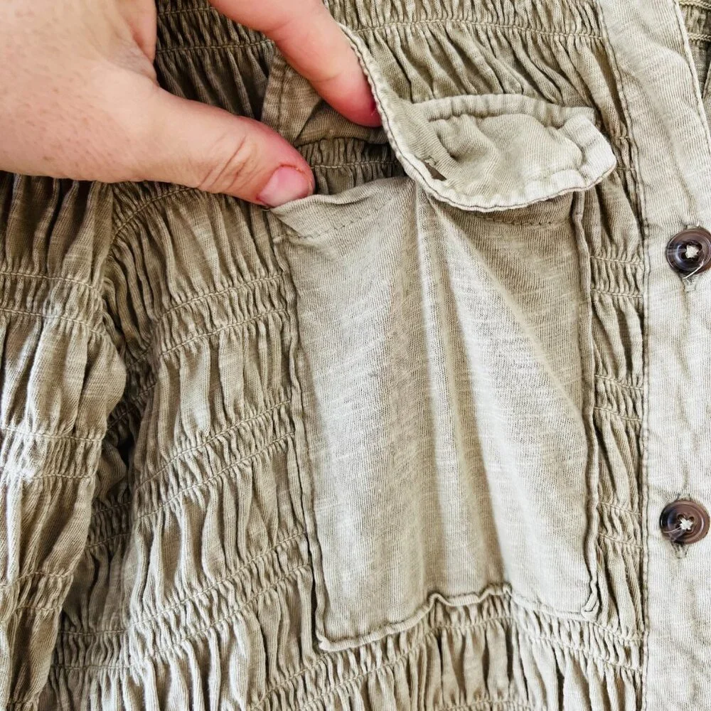 Anthropologie Pilcro XS - S Green Olive Stretch Smocked Shacket Pockets‎ Button